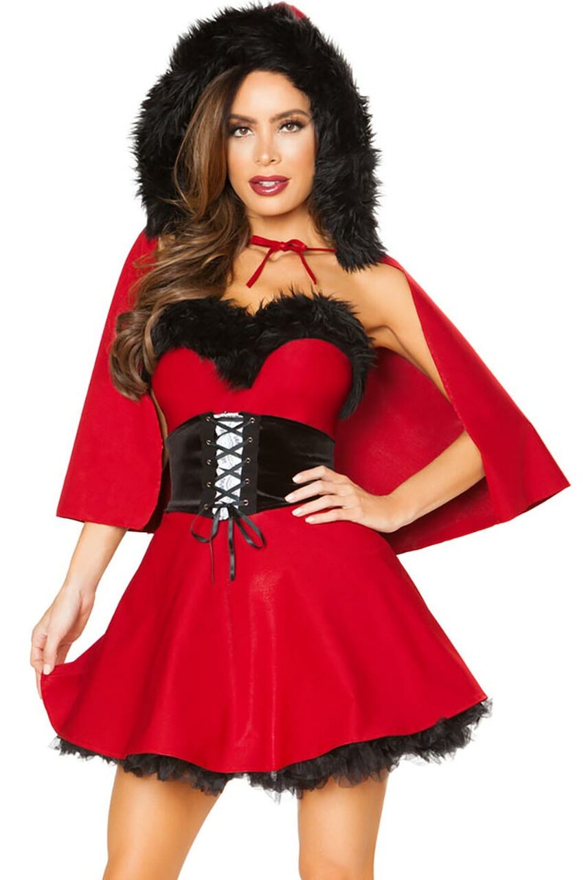 Sinful Damsel Costume With Luxurious Red Mini Dress With Faux Fur Accents And Matching Cape 