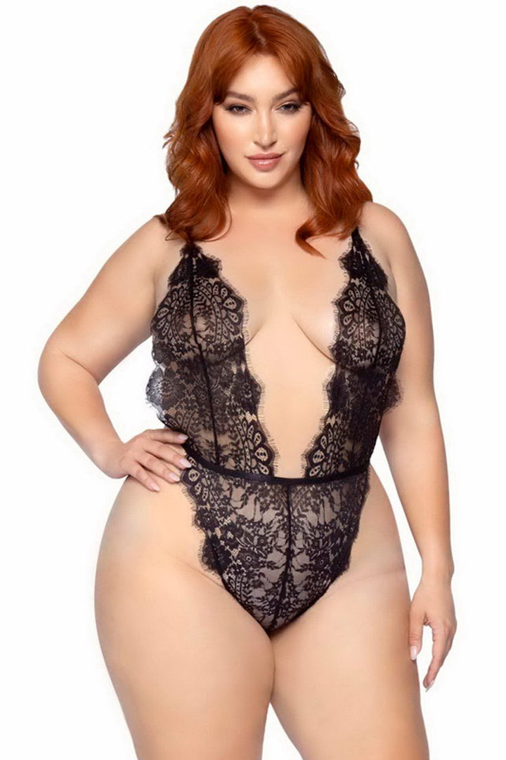 Plus Size Eyelash Lace Low Cut Teddy