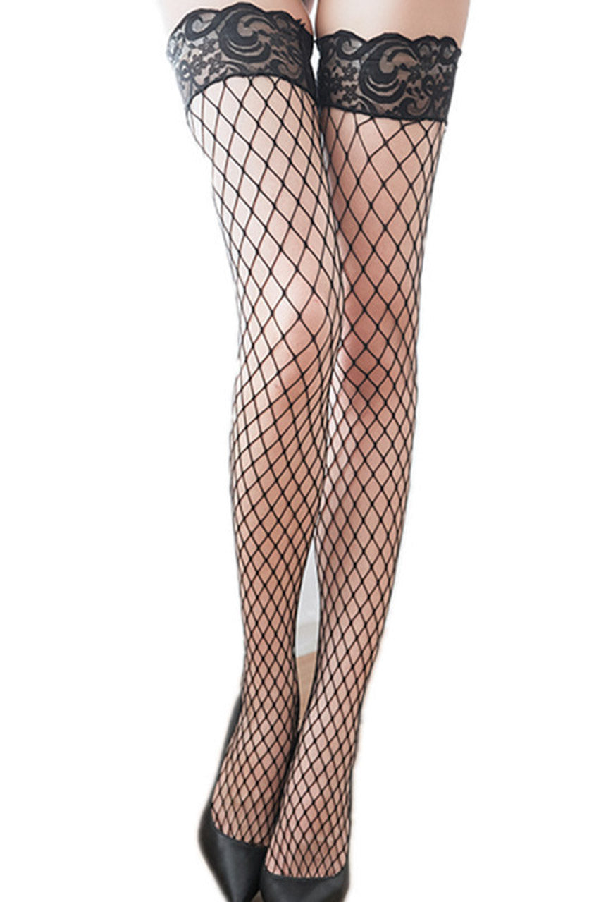 Wide Net and Lace Band Thigh Highs