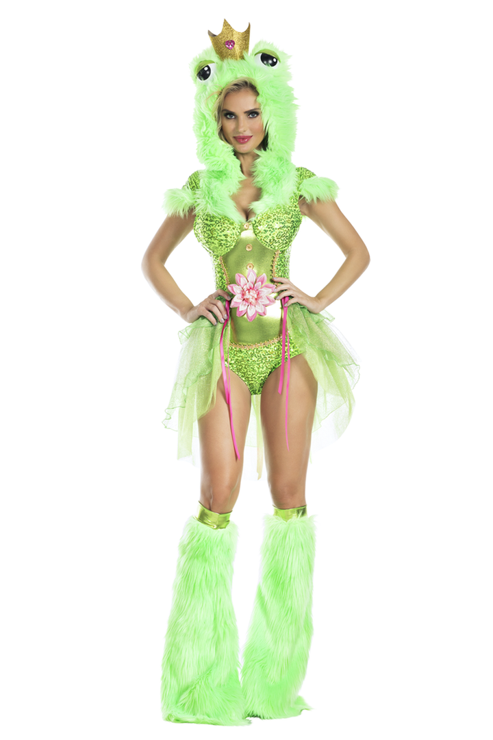 Shop this women's green kiss me frog Party King costume with attached hood