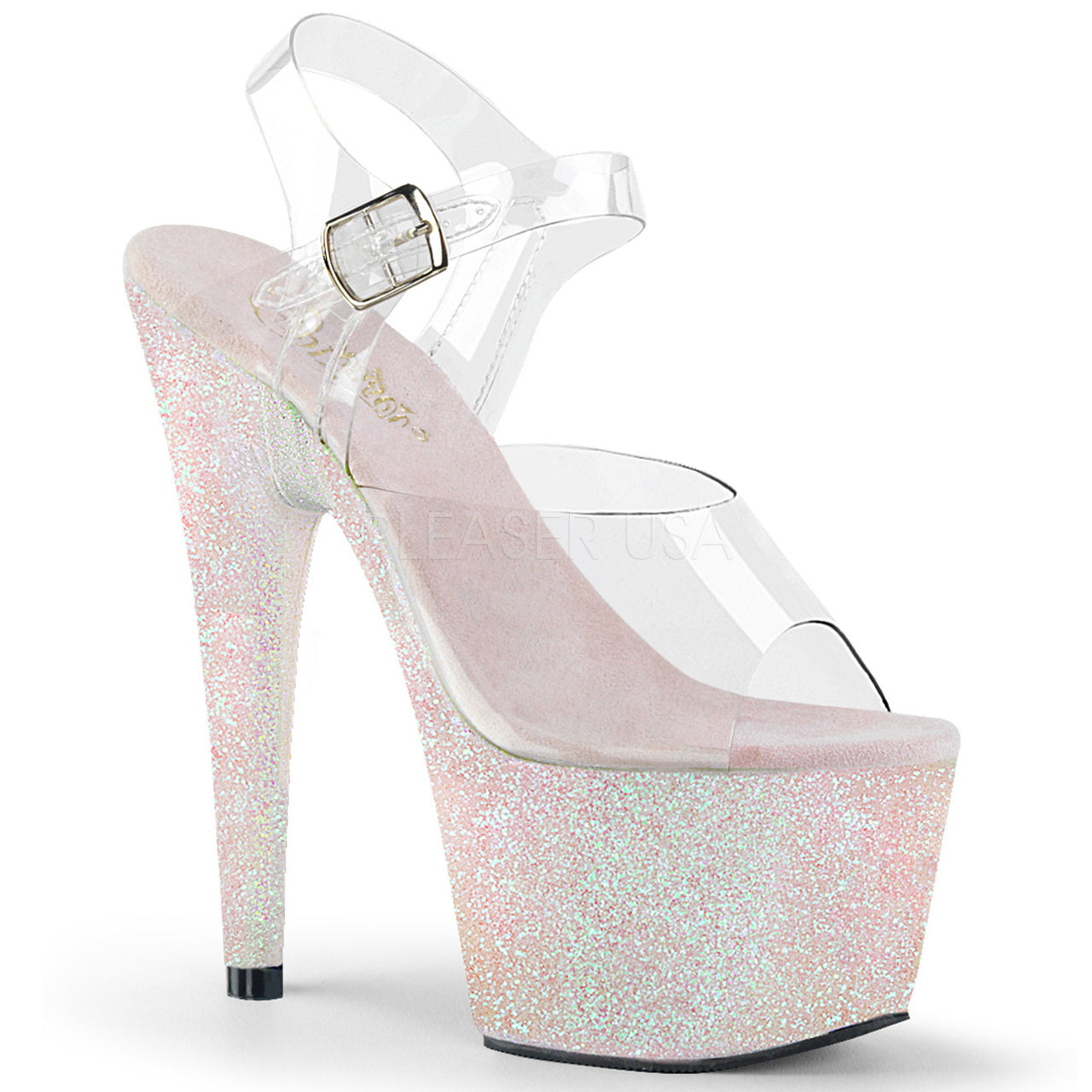 Women's sexy clear/opal glitter ankle strap exotic dancer heels with 7\